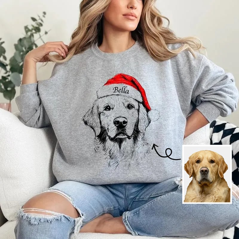 Custom Pet Christmas Sweatshirt Personalized Dog Cat Santa Hat Graphic Sweatshirts